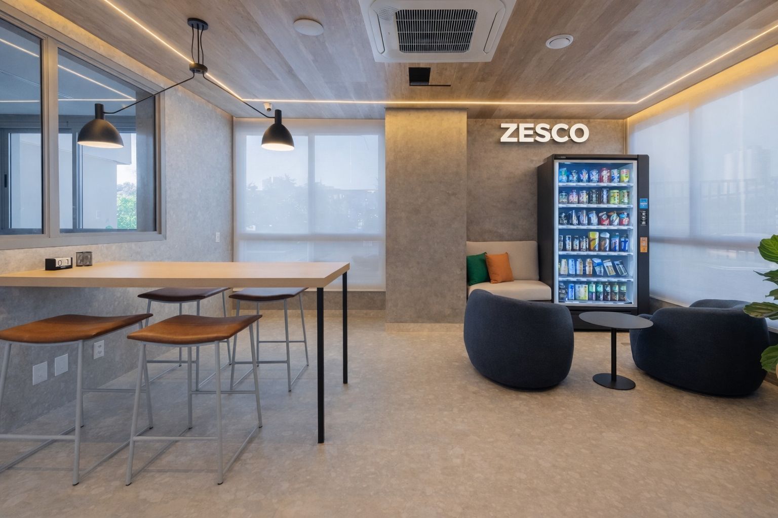 Espaço coworking com máquina de café Zesco