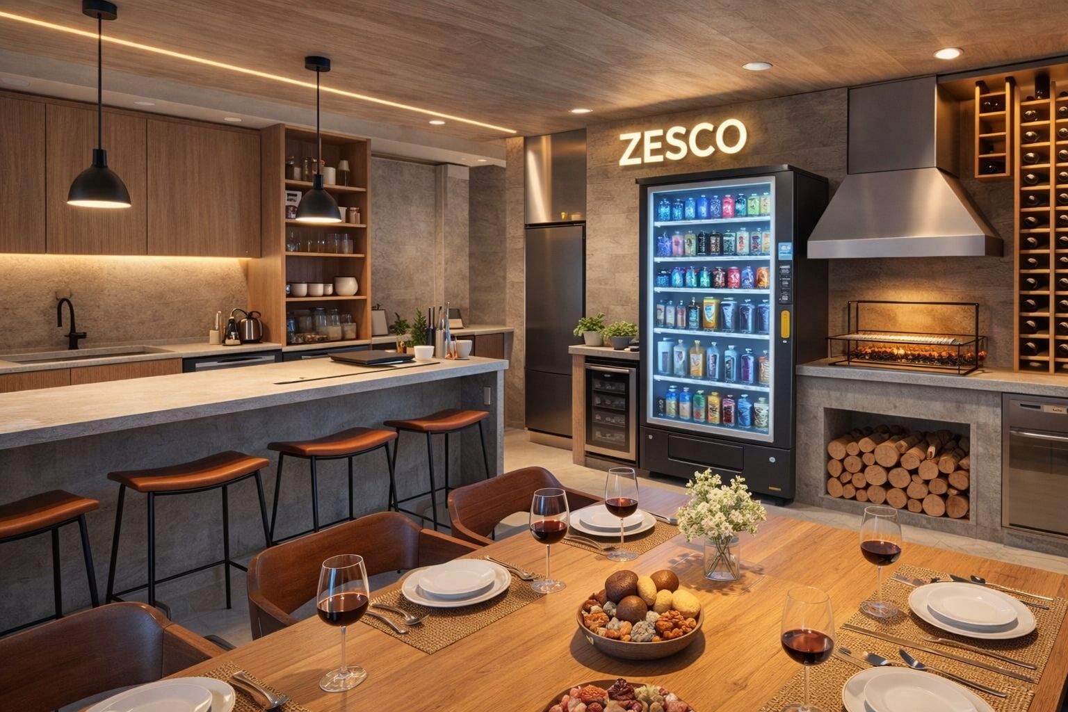 Área Gourmet com Smart Fridge e Vending Machine Zesco